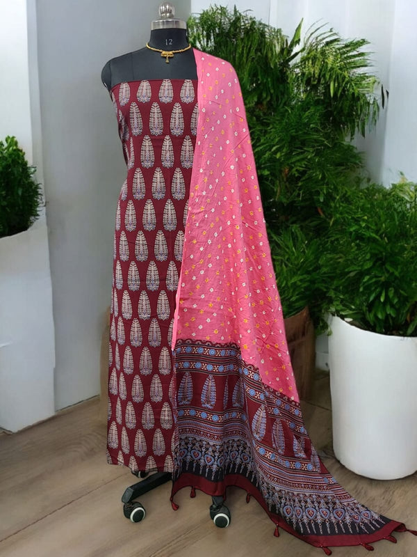 Bandhani dupatta & Ajrakh Fusion 2 pc Salwar Suit - Leheriya