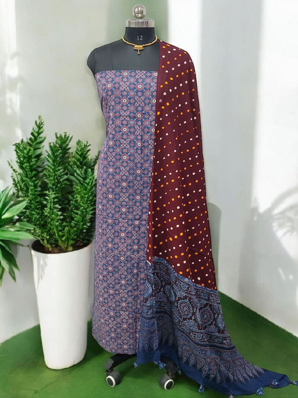 Bandhani dupatta & Ajrakh Fusion 2 pc Salwar Suit - Leheriya
