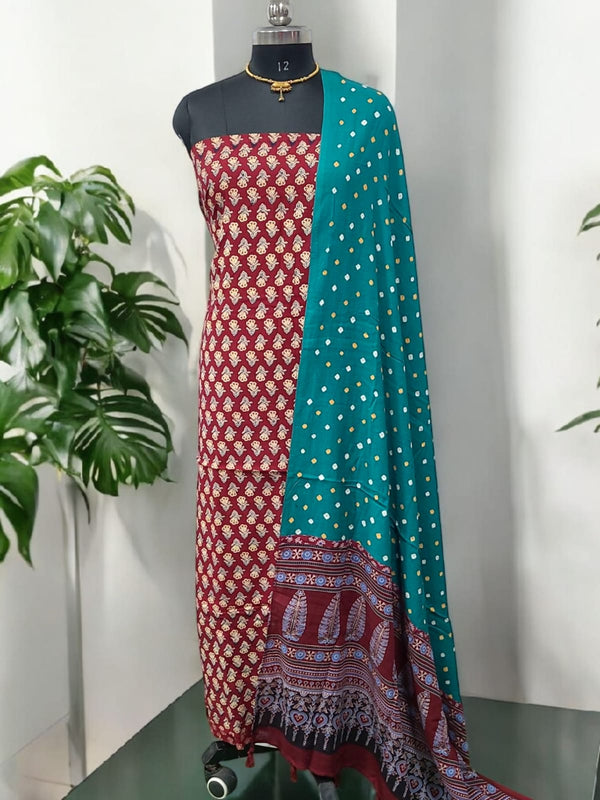 Bandhani dupatta & Ajrakh Fusion 2 pc Salwar Suit - Leheriya