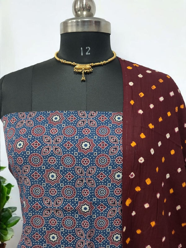 Bandhani dupatta & Ajrakh Fusion 2 pc Salwar Suit - Leheriya