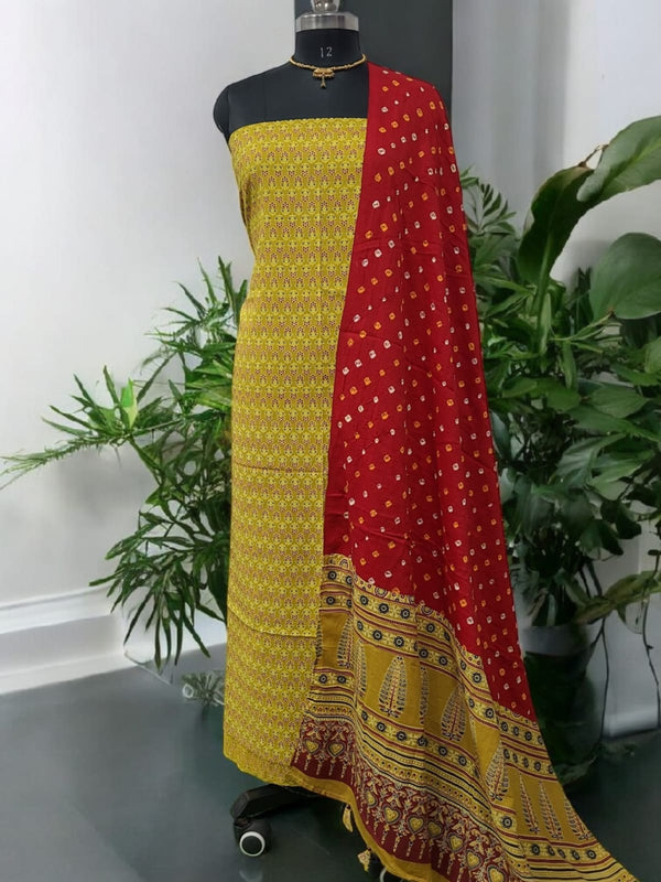Bandhani dupatta & Ajrakh Fusion 2 pc Salwar Suit - Leheriya