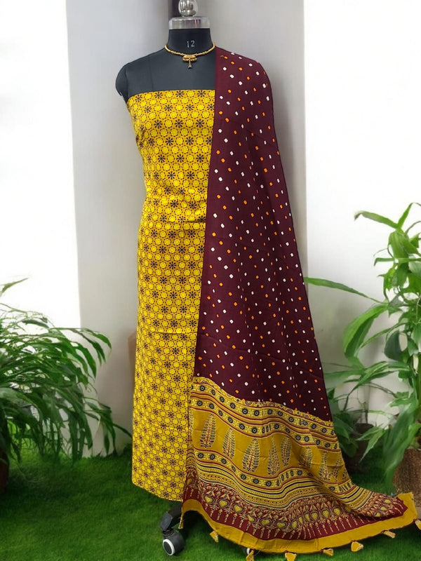 Bandhani dupatta & Ajrakh Fusion 2 pc Salwar Suit - Leheriya