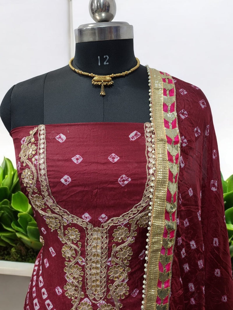 Bandhej Gharchola Silk Fabric Bandhej Salwar Suit - Leheriya