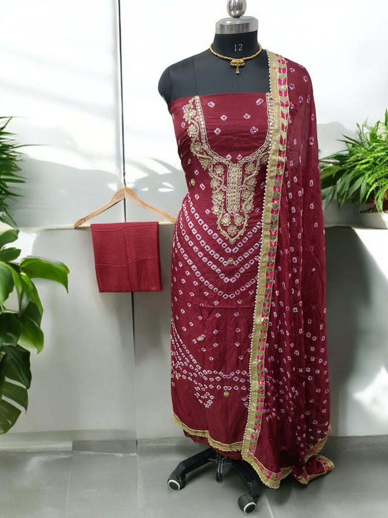 Bandhej Gharchola Silk Fabric Bandhej Salwar Suit - Leheriya