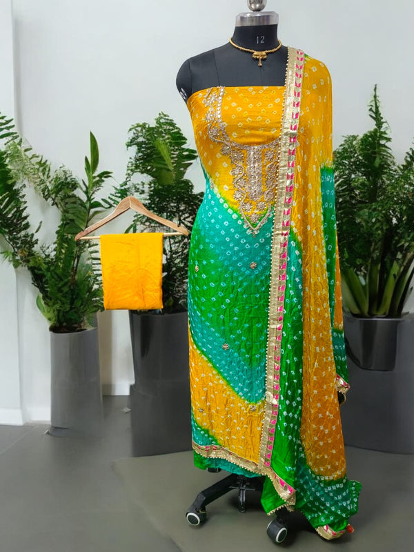 Bandhej Gharchola Silk Fabric Bandhej Salwar Suit - Leheriya