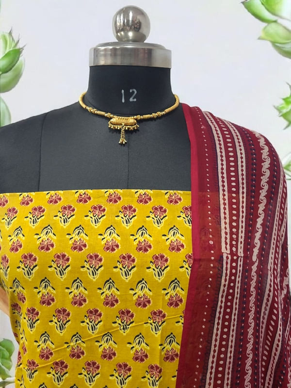Barmer Original Natural Ajrakh Print 3 pc Pure Cotton Salwar Suit with Mul Cotton Dupatta - Leheriya