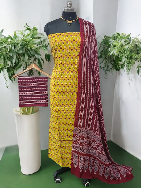 Barmer Original Natural Ajrakh Print 3 pc Pure Cotton Salwar Suit with Mul Cotton Dupatta - Leheriya