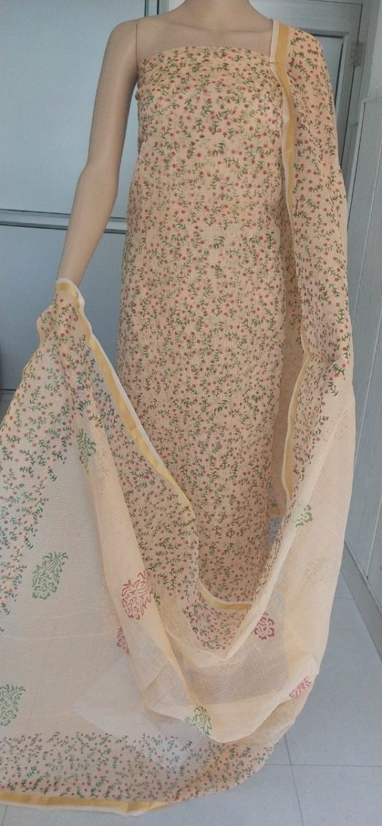 Basic Block Printed Kota Doria Salwar Suit with Small Floral Print - Leheriya