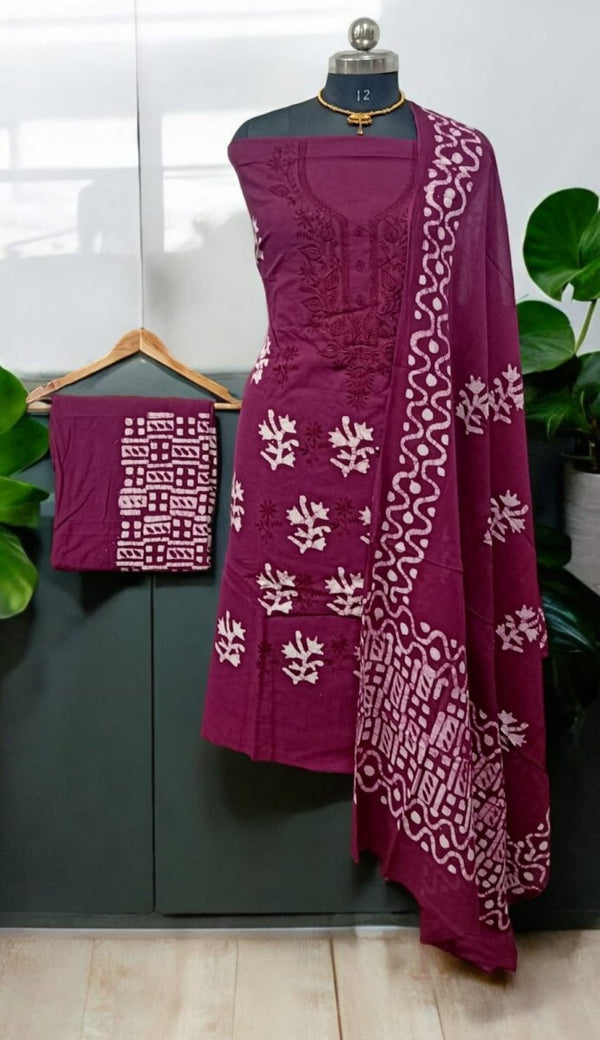 Batik Pure Cotton 3 pc Salwar Suit Dress Material with Beautiful Neck Embroidery and Mul Cotton Dupatta - Leheriya