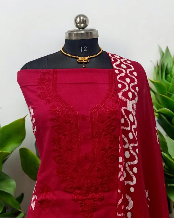 Batik Pure Cotton 3 pc Salwar Suit Dress Material with Beautiful Neck Embroidery and Mul Cotton Dupatta - Leheriya