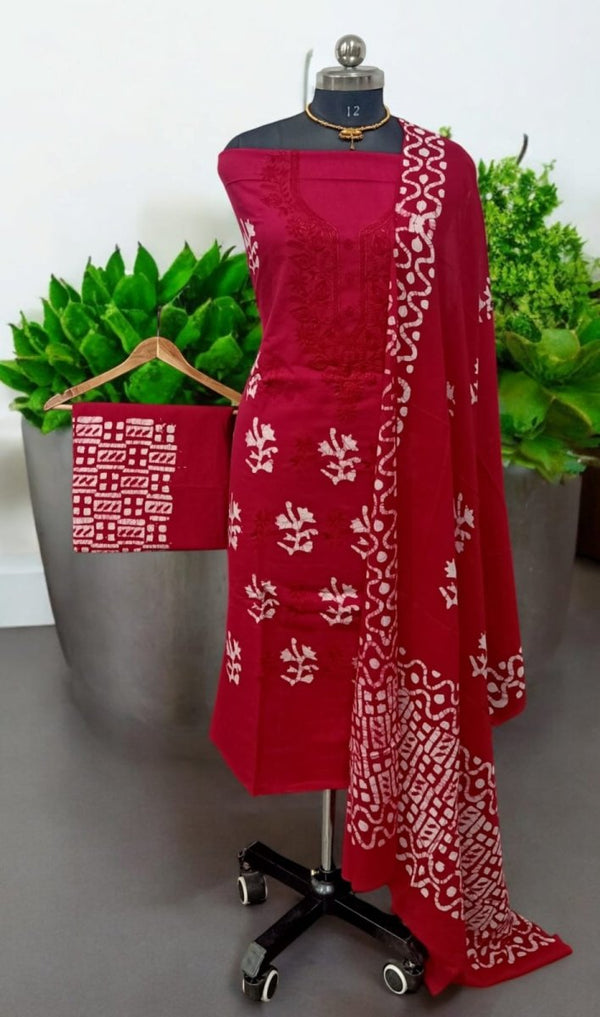 Batik Pure Cotton 3 pc Salwar Suit Dress Material with Beautiful Neck Embroidery and Mul Cotton Dupatta - Leheriya