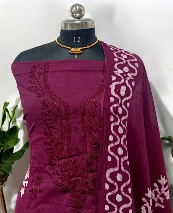 Batik Pure Cotton 3 pc Salwar Suit Dress Material with Beautiful Neck Embroidery and Mul Cotton Dupatta - Leheriya