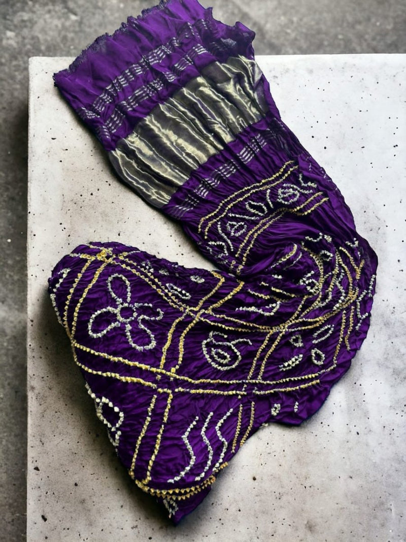 Bavan Bagh Modal Silk Hand Made Bandhani Dupatta with Silk Tissue Pallu - Leheriya