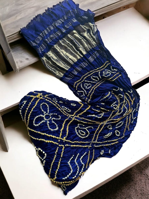 Bavan Bagh Modal Silk Hand Made Bandhani Dupatta with Silk Tissue Pallu - Leheriya
