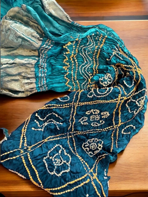 Bavan Bagh Modal Silk Hand Made Bandhani Dupatta with Silk Tissue Pallu - Leheriya