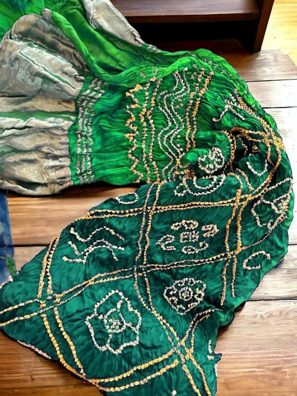 Bavan Bagh Modal Silk Hand Made Bandhani Dupatta with Silk Tissue Pallu - Leheriya