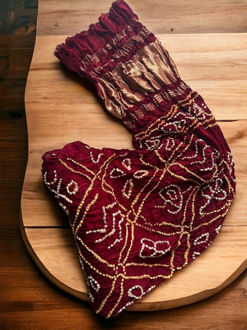Bavan Bagh Modal Silk Hand Made Bandhani Dupatta with Silk Tissue Pallu - Leheriya