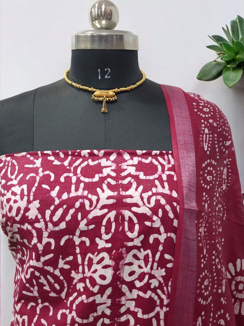 Beautiful Crafted Cotton Slub Batik Print 3Pc Unstitched Salwar Suit - Leheriya