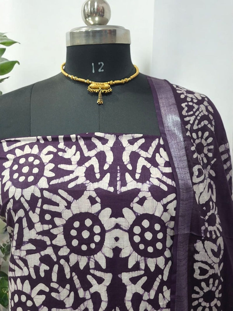 Beautiful Crafted Cotton Slub Batik Print 3Pc Unstitched Salwar Suit - Leheriya