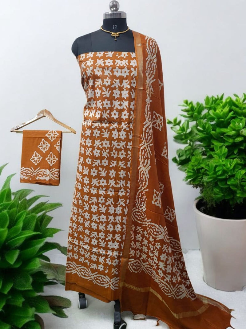 Beautiful Crafted Cotton Slub Batik Print 3Pc Unstitched Salwar Suit - Leheriya