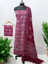 Beautiful Crafted Cotton Slub Batik Print 3Pc Unstitched Salwar Suit - Leheriya