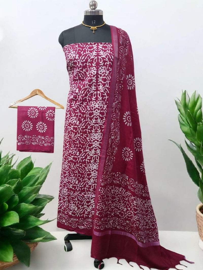 Beautiful Crafted Cotton Slub Batik Print 3Pc Unstitched Salwar Suit - Leheriya