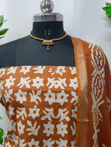 Beautiful Crafted Cotton Slub Batik Print 3Pc Unstitched Salwar Suit - Leheriya