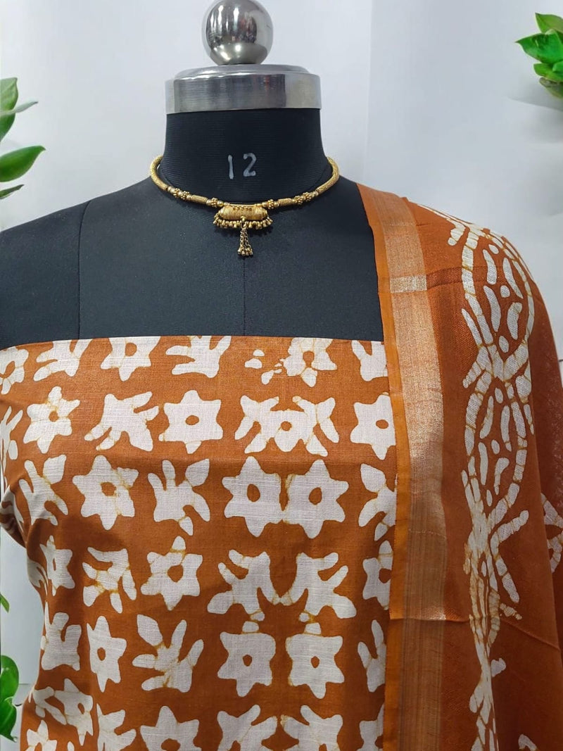 Beautiful Crafted Cotton Slub Batik Print 3Pc Unstitched Salwar Suit - Leheriya