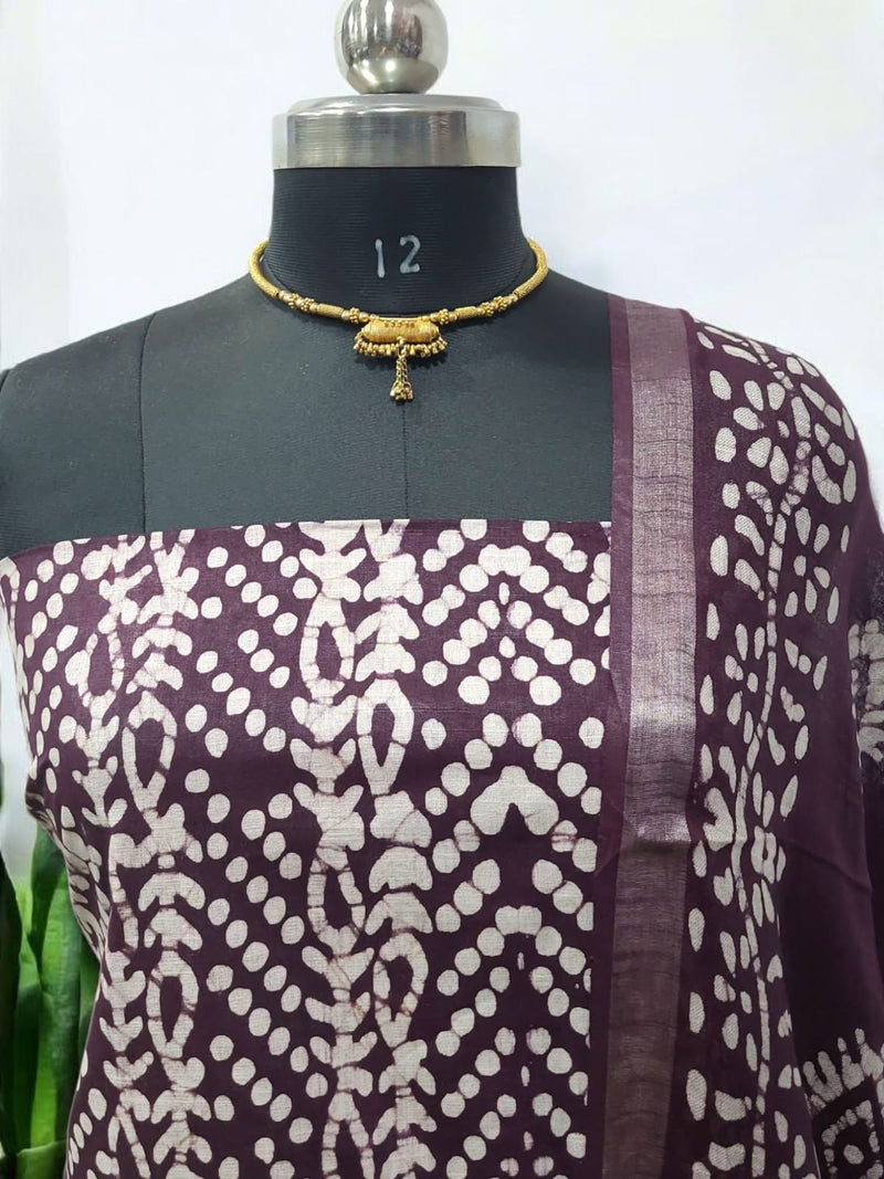 Beautiful Crafted Cotton Slub Batik Print 3Pc Unstitched Salwar Suit - Leheriya
