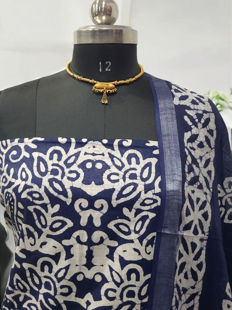 Beautiful Crafted Cotton Slub Batik Print 3Pc Unstitched Salwar Suit - Leheriya