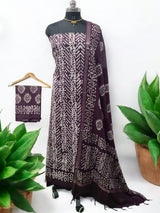 Beautiful Crafted Cotton Slub Batik Print 3Pc Unstitched Salwar Suit - Leheriya