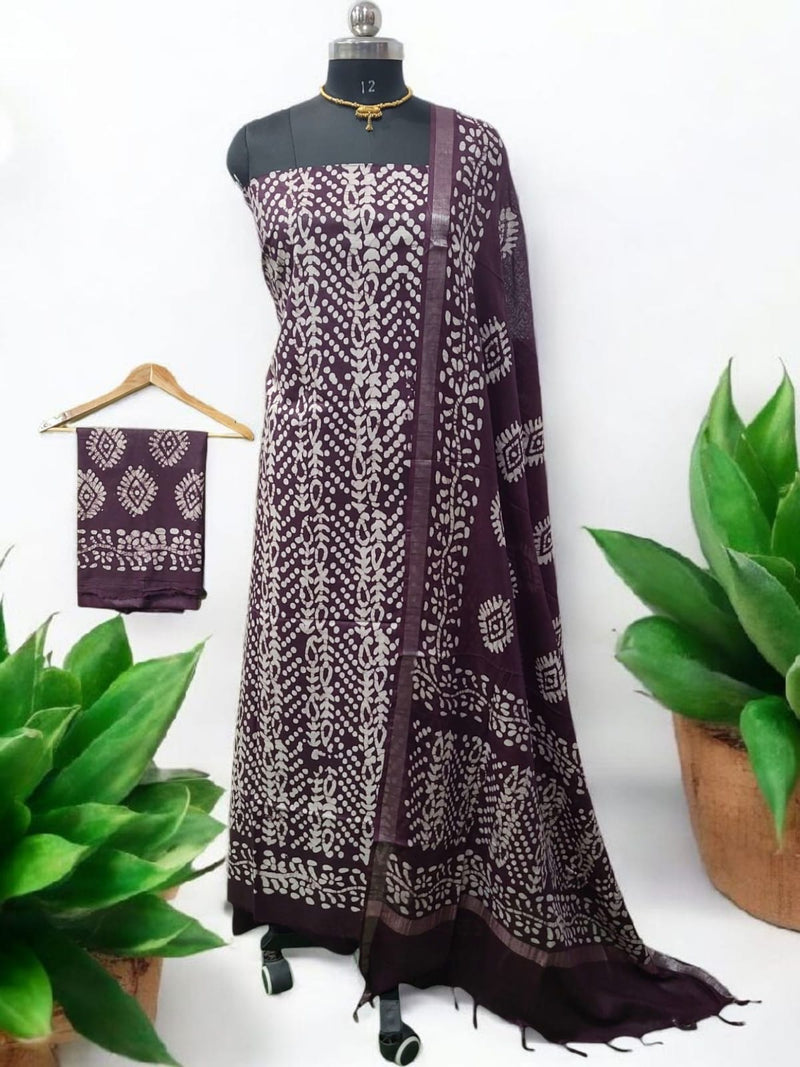 Beautiful Crafted Cotton Slub Batik Print 3Pc Unstitched Salwar Suit - Leheriya