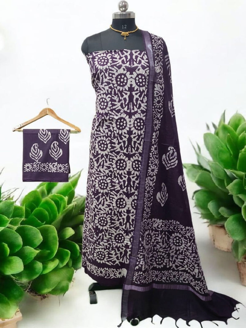 Beautiful Crafted Cotton Slub Batik Print 3Pc Unstitched Salwar Suit - Leheriya