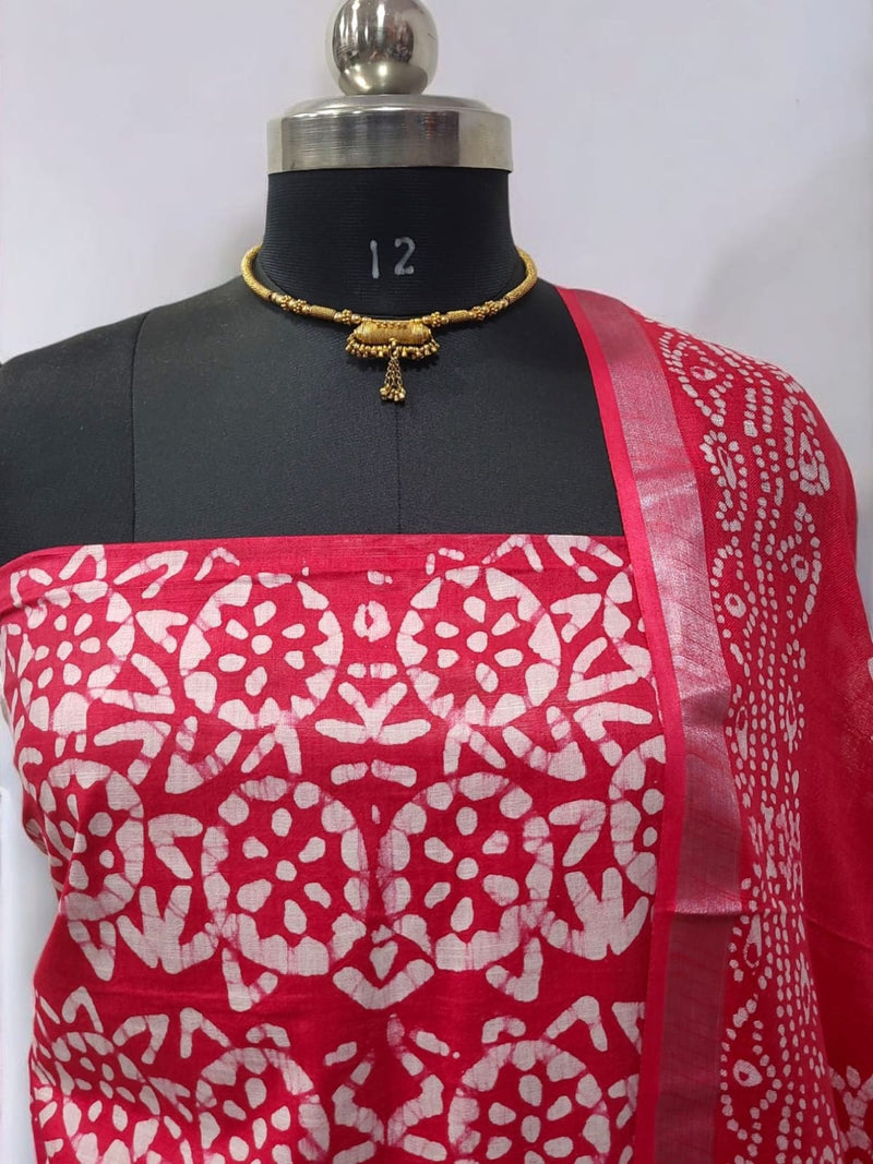 Beautiful Crafted Cotton Slub Batik Print 3Pc Unstitched Salwar Suit - Leheriya
