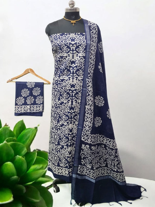 Beautiful Crafted Cotton Slub Batik Print 3Pc Unstitched Salwar Suit - Leheriya