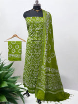 Beautiful Crafted Cotton Slub Batik Print 3Pc Unstitched Salwar Suit - Leheriya