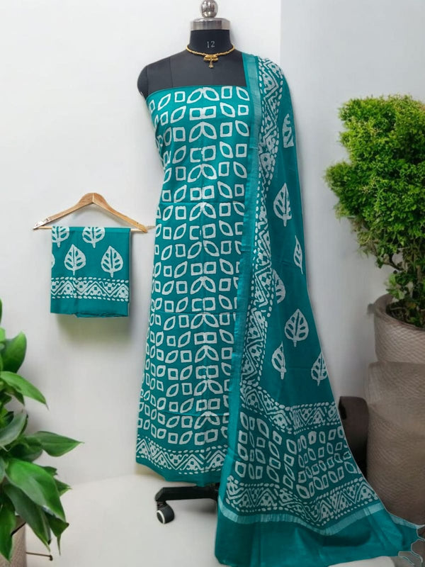 Beautiful Crafted Cotton Slub Batik Print 3Pc Unstitched Salwar Suit - Leheriya