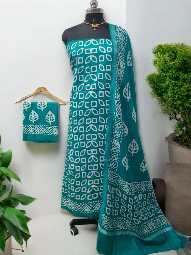 Beautiful Crafted Cotton Slub Batik Print 3Pc Unstitched Salwar Suit - Leheriya