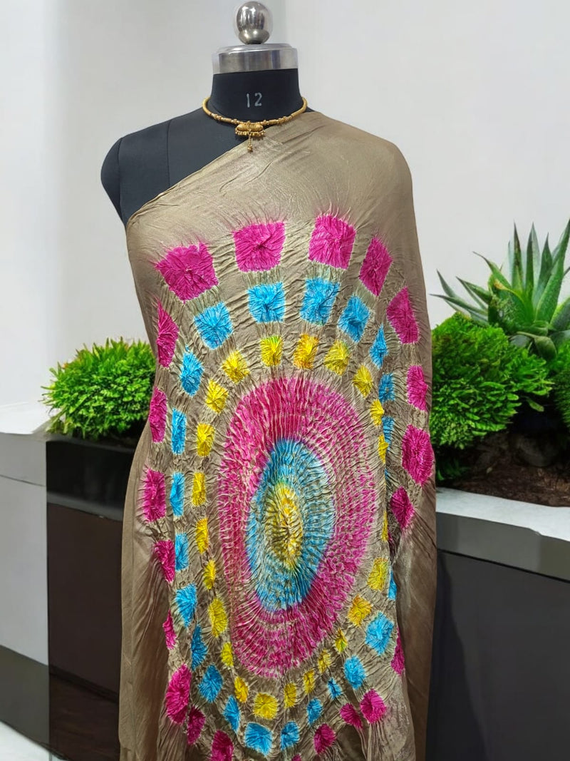 Beige Modal Silk Colorful Shibori Dupatta - Leheriya
