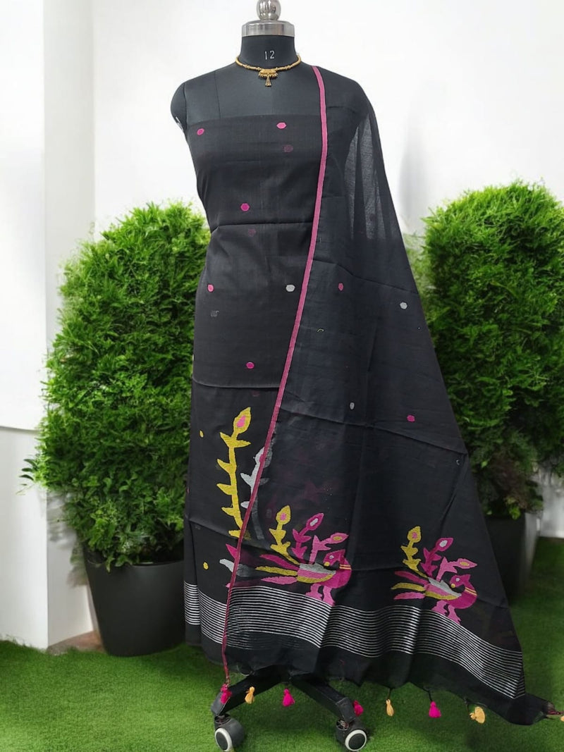 Bengal Handwoven Jamdani 2 pc Muslin Unstitched Salwar Suit - Leheriya
