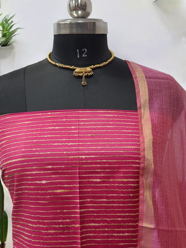 Bhagalpuri Cotton 3Pc Unstitched Slawar Suit with Chanderi Dupatta - Leheriya