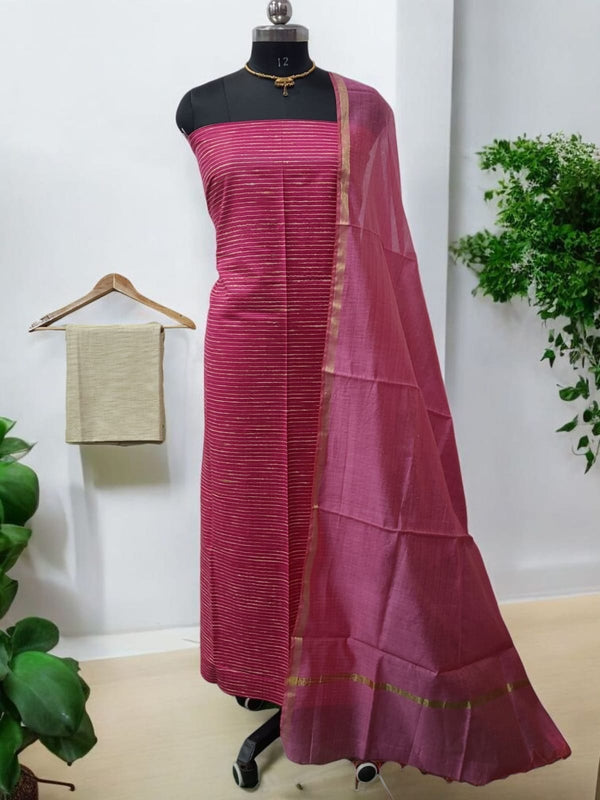 Bhagalpuri Cotton 3Pc Unstitched Slawar Suit with Chanderi Dupatta - Leheriya