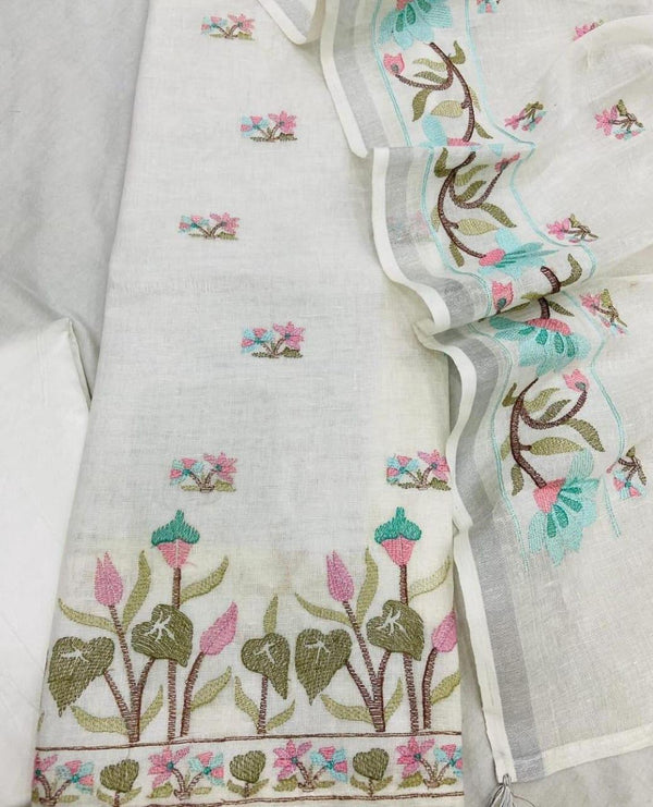 Bhagalpuri Cotton Embroidery 3 pc Unstitched Salwar Suit - Leheriya