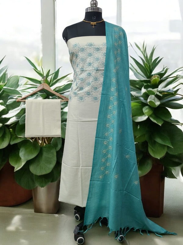Bhagalpuri Cotton Linen Embroidery 3 pc Salwar Suit - Leheriya
