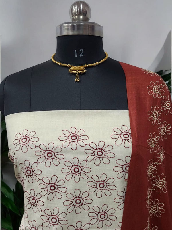 Bhagalpuri Cotton Linen Embroidery 3 pc Salwar Suit - Leheriya