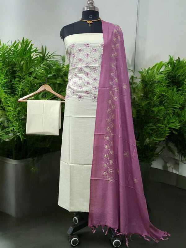 Bhagalpuri Cotton Linen Embroidery 3 pc Salwar Suit - Leheriya