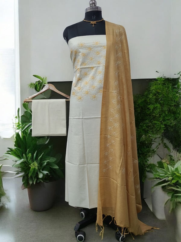 Bhagalpuri Cotton Linen Embroidery 3 pc Salwar Suit - Leheriya