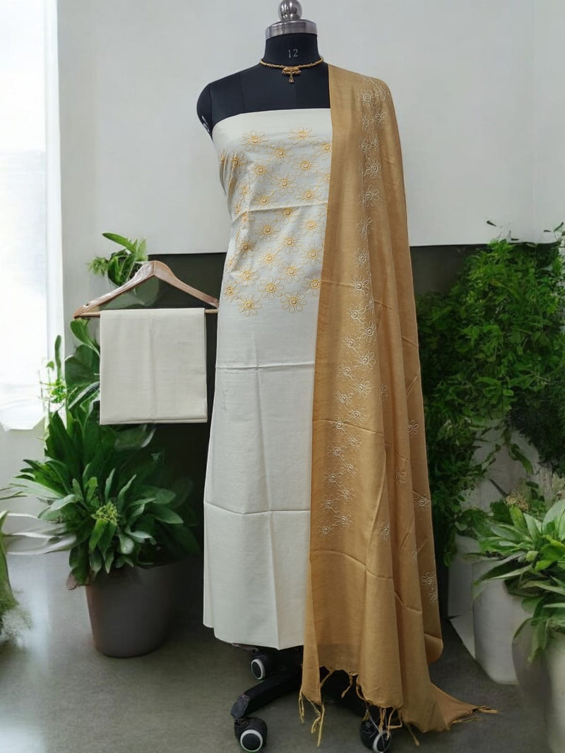 Bhagalpuri Cotton Linen Embroidery 3 pc Salwar Suit - Leheriya