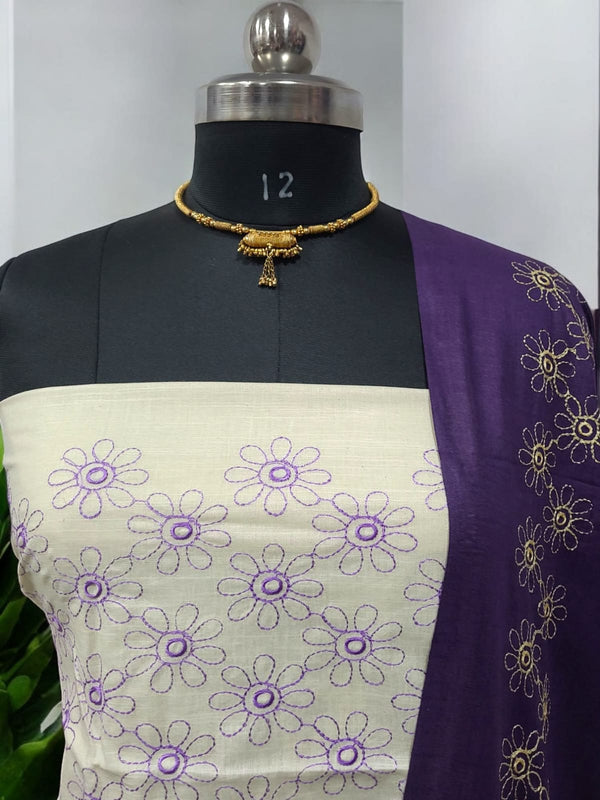 Bhagalpuri Cotton Linen Embroidery 3 pc Salwar Suit - Leheriya
