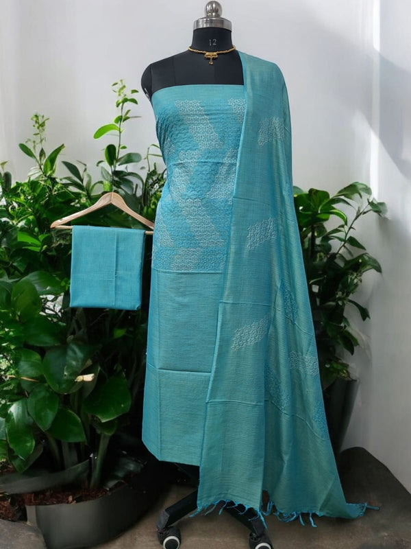 Bhagalpuri Cotton Linen Embroidery 3 pc Salwar Suit - Leheriya